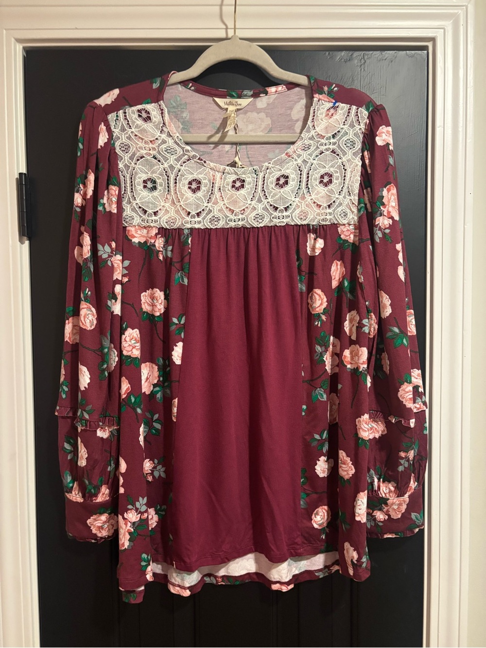Matilda Jane Burgundy Floral Lace Yoke Tunic